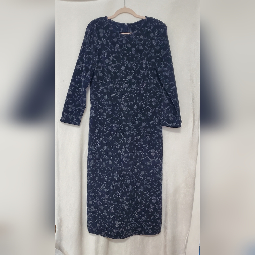 Vintage MATCH Blue Floral Corduroy Maxi Dress Size 12